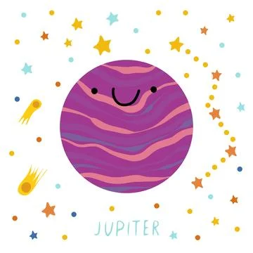 Solar system of planets for kids. Jupiter with cartoon face. Vector illustr.. Stock Illustration