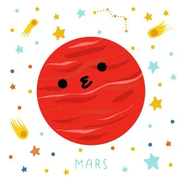 Solar system of planets for kids. Mars with cartoon face. Vector illustration Stock Illustration