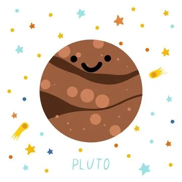 Solar system of planets for kids. Pluto with cartoon face. Vector illustrat.. Stock Illustration