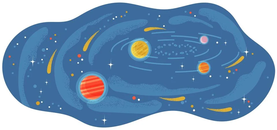 Solar system of planets with large and small celestial bodies flying in space Stock Illustration