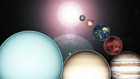 Solar system planets lineup with bright sun in space animation Stock Footage 335489079
