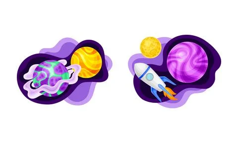Solar System planets, moon abd space rocket. Fantastic cosmic vector Ilustração Stock