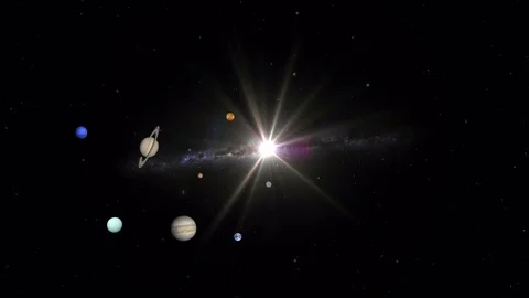 Solar System Planets Orbiting Around Bight Flare Sun with Galaxy, 4K Stock Footage 76640153