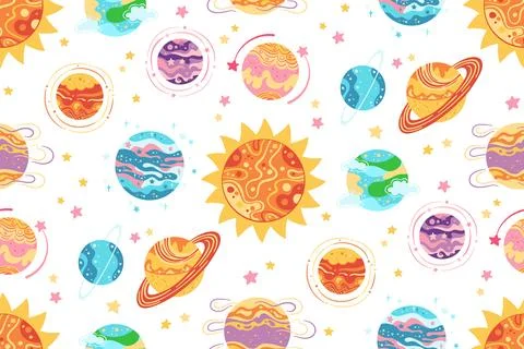Solar system planets seamless pattern boundless fantastic galaxy space spheres 스톡 일러스트