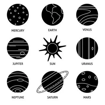Solar system planets silhouettes icon set in thin line style Illustrazione stock