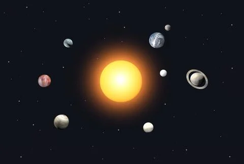 Solar system of planets in space 3d. The sun, Earth, Mars, Jupiter and other Stock Illustration