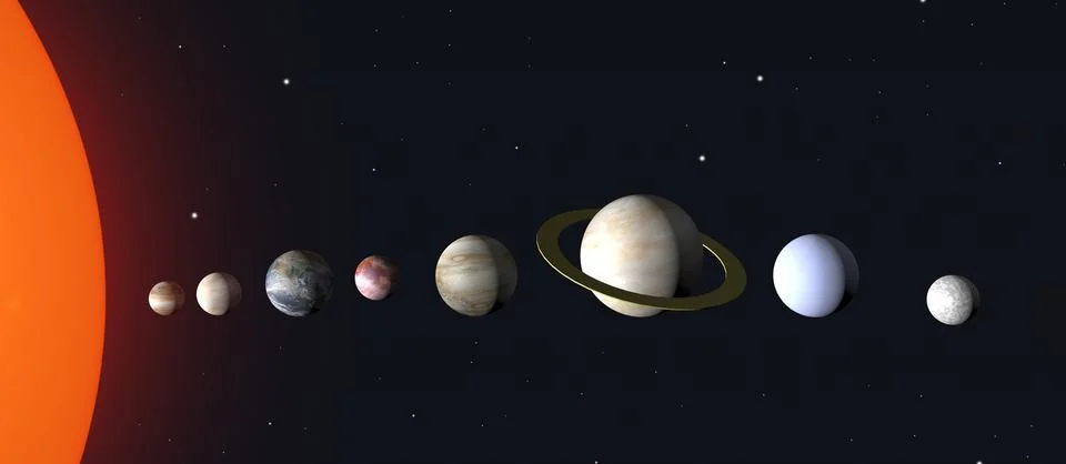 Solar system of planets in space 3d. The sun, Earth, Mars, Jupiter and other Stock Illustration