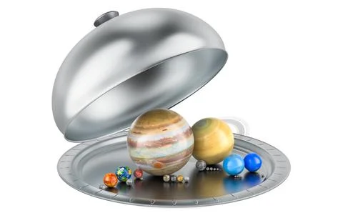 Solar system planets on tray. 3D rendering Stock Illustration