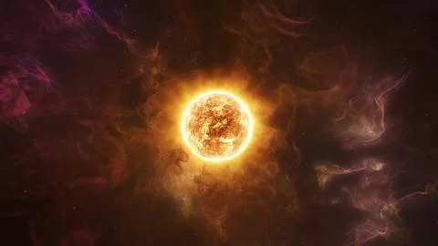Solar System Protostar Sun with Erupting Purple Nebula Gases in Deep Space Stock Illustration