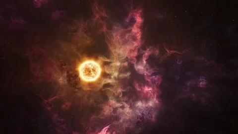 Solar System Protostar Sun with Erupting Purple Nebula Gases in Deep Space Stock Illustration