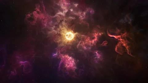 Solar System Protostar Sun with Erupting Purple Nebula Gases in Deep Space Stock Illustration