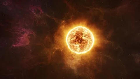 Solar System Protostar Sun with Erupting Purple Nebula Gases in Deep Space Stock Illustration