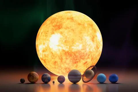 Solar System Scale Concept Of Planets And Sun. Glowing Star With Planetary .. Stock Illustration