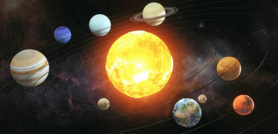 Solar system scheme. The sun with orbits of planets on the Universe star b... Stock Photos