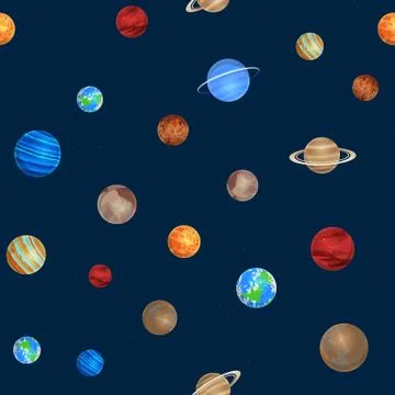Solar system seamless pattern. Different colorful planets on space background Stock Illustration