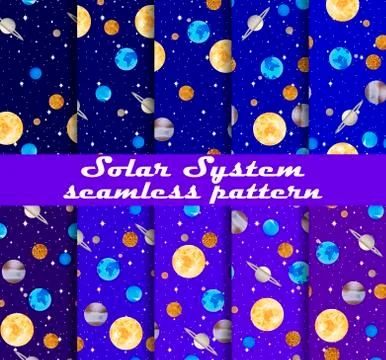 Solar system seamless pattern set. Planets and stars. Outer space. Vector ill Stock Illustration