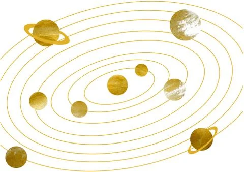 Solar system set - planets and orbits, gold texture Stock Illustration