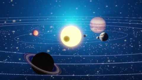The solar system showing planets orbiting around a central glowing sun in deep Stock Footage 345235144