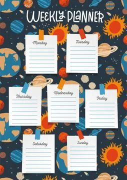 Solar system space planets school timetable. Student lessons schedule, school Illustrazione stock