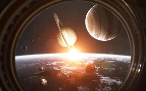 Solar system in the Space Station window. Elements of this image furnished by イラスト素材