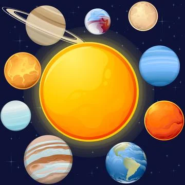 Solar system with sun and planets space objects vector illustration on dark deep Stock Illustration