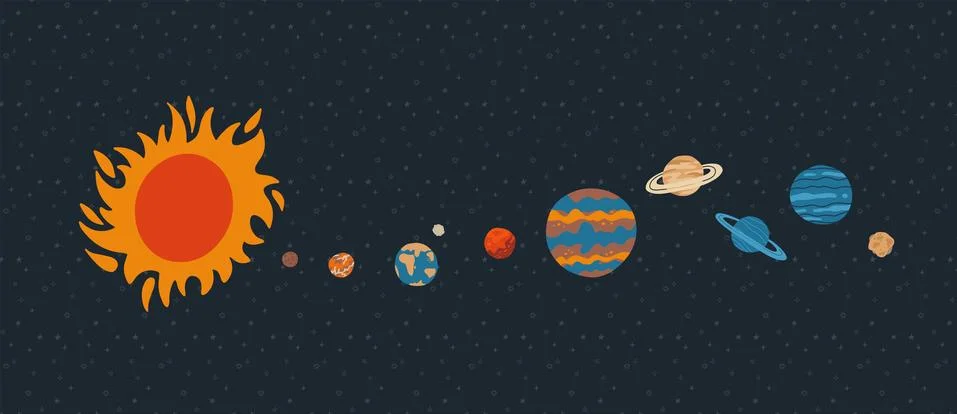 Solar system with sun orbits and planets on dark blue background. Hand drawn Stock Illustration