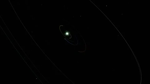 Solar system top view orbit paths glowing planetary rings deep black space minim Stock Footage 311648890