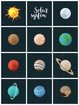 Solar system vector clip art set of 11 astronomy elements sun moon and planets Stock Illustration