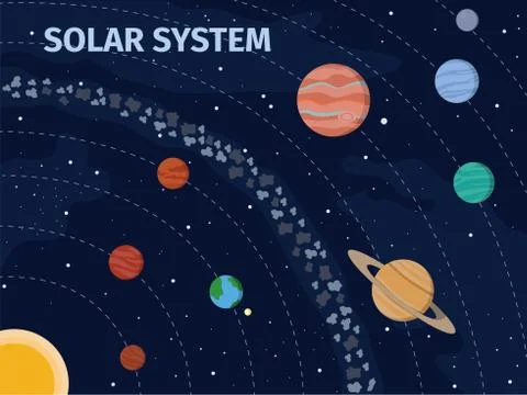 Solar system vector illustration. Planet, asteroid and stars background. Illustration