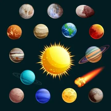 Solar system vector illustration. Sun, planets, satelites cartoon space icons Illustrazione stock