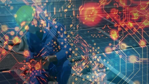 Solar technician kneeling by array tapping tablet growing circuit graphics for Stock-Footage 311604593