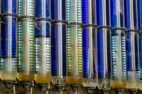 Solar Water Heating System Close Up, Blue Tubular Glass Solar Collector Detai Stock Photos