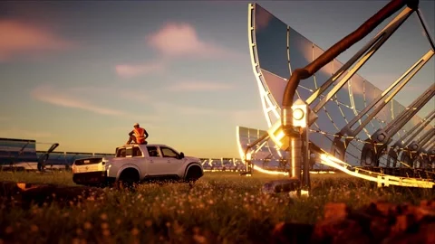 Solar water heating system in sunset lights eco energy. Engineer on the pickup. Stock Footage 151020212