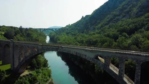 Solcan Bridge over River Soca, Slovenia. Aerial view. Video stock 258620313