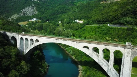 Solcan Bridge over River Soca, Slovenia. Aerial view. Video stock 258620364