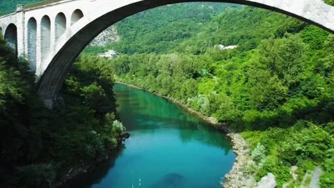 Solcan Bridge over River Soca, Slovenia. Aerial view. Video stock 258620438