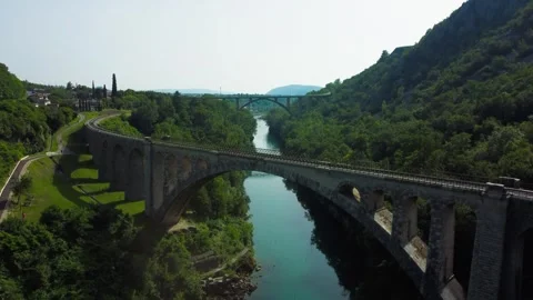 Solcan Bridge over River Soca, Slovenia. Aerial view. Video stock 271185368