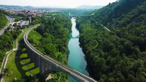 Solcan Bridge over River Soca, Slovenia. Aerial view. Video stock 271185483