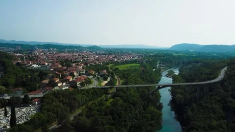 Solcan Bridge over River Soca, Slovenia. Aerial view. Video stock 277640059