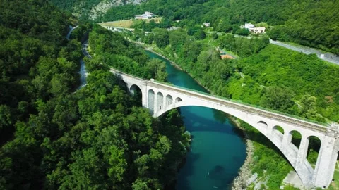 Solcan Bridge over River Soca, Slovenia. Aerial view. Video stock 277640156