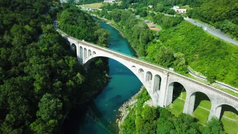 Solcan Bridge over River Soca, Slovenia. Aerial view. Video stock 277640348