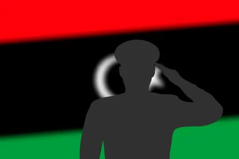 Solder silhouette on blur background with Libya flag. Stock Illustration