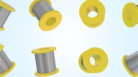 Solder Wire Spools Falling on a Light Blue Background. Steel Wire Spool 3D. 4K Stock Footage 308482126