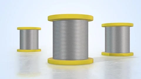 Solder Wire Spools on a Light Reflective Floor. Steel Wire Spool 3D. 4K Stock Footage 308482132