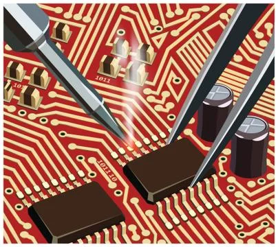 Soldering Computer Chip On The Red Board Close Up Illustrazione stock