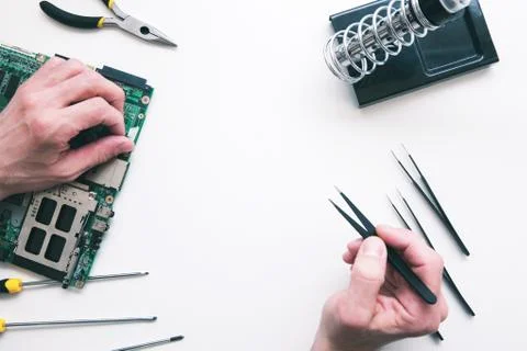Soldering computer components flat lay Foto stock