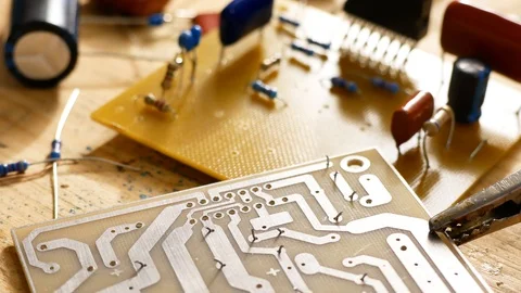 Soldering of electronic circuit board with electronic components. Engineers r Video stock 125760904