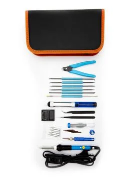A soldering toolset in a black case isolated in a white background.Black bag  Stock Photos
