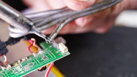 Soldering wires to a circuit board in an electronics repair workshop Stock Footage 333684669