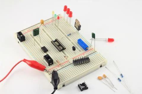 Solderless pcb breadboard test circuit under construction Stock Photos